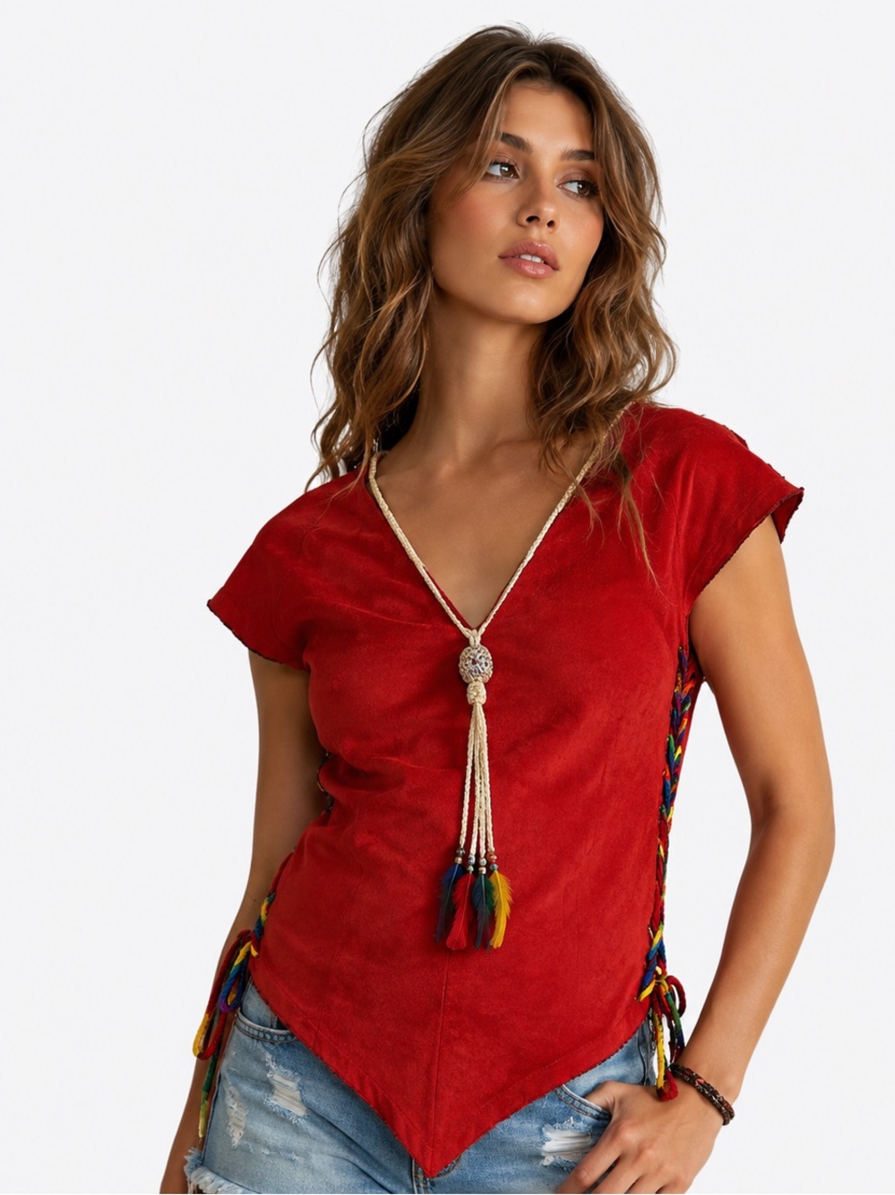 Vintage 90s Coco Loco Red Faux Suede Festival Top Feather Tassel Lace Up Boho Y2